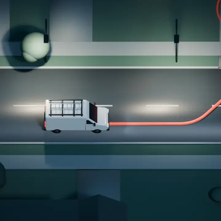 Illustration: a white work van with its headlights on, driving a lit street at night