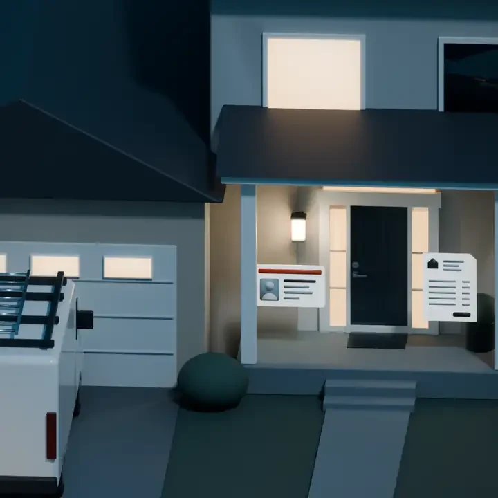 Illustration: the van in the driveway, the porch light on, a photo ID card and a utility bill beside the front door