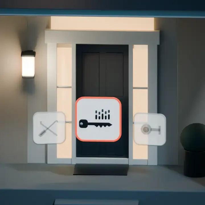Illustration: three cards in front of the door, one option chosen and two faded