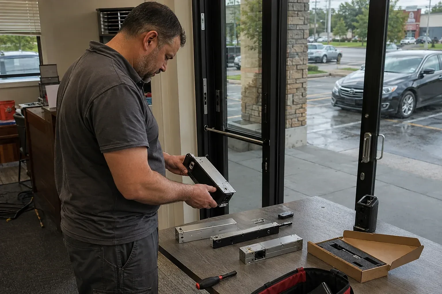 Person holding a rectangular door-hardware housing at a table with additional metal assemblies beside a glass entrance. — Access Control Installation, Innisfil