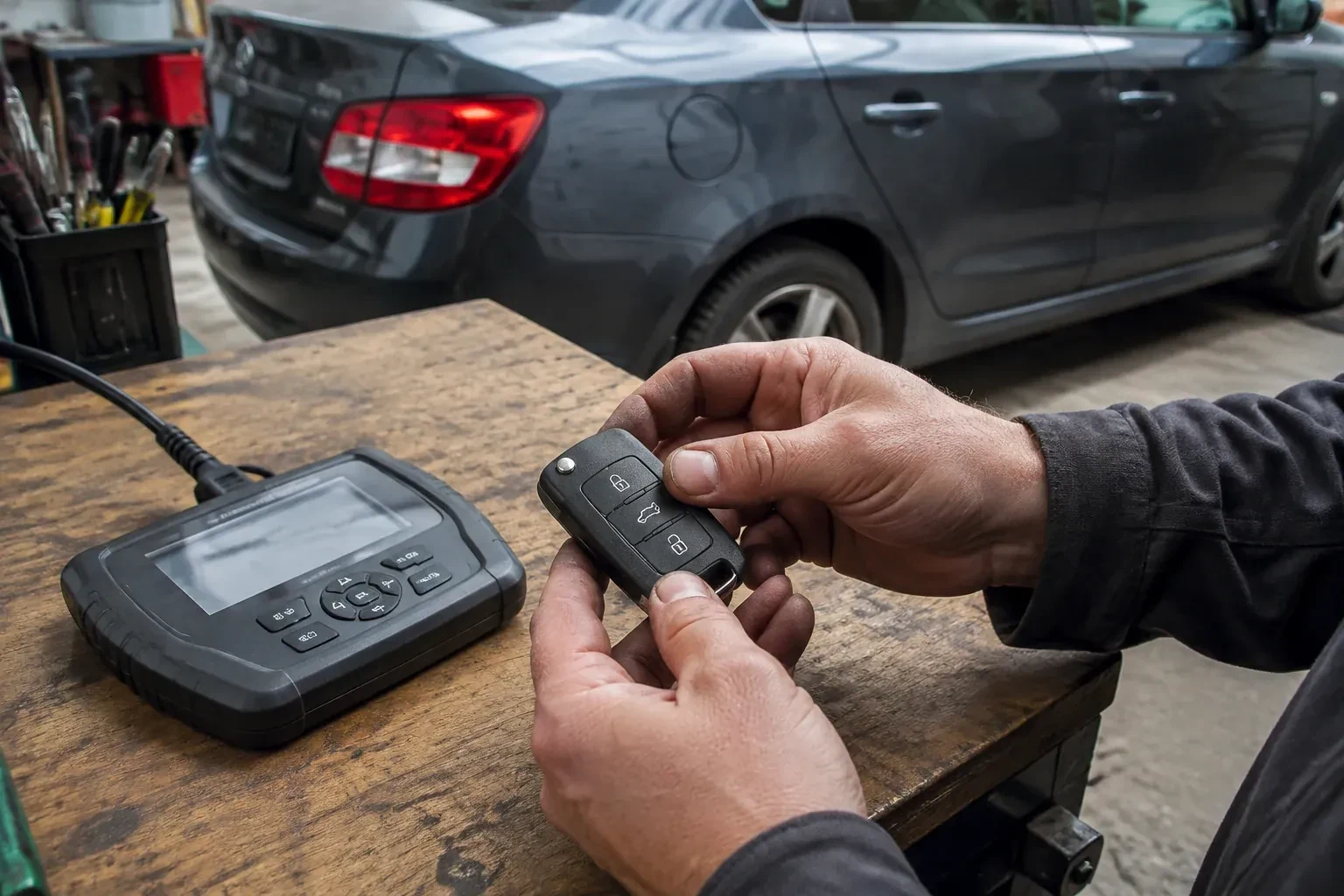Hands holding a black car key fob above a workbench, beside a wired handheld device with a screen. — Car Key Replacement, Innisfil