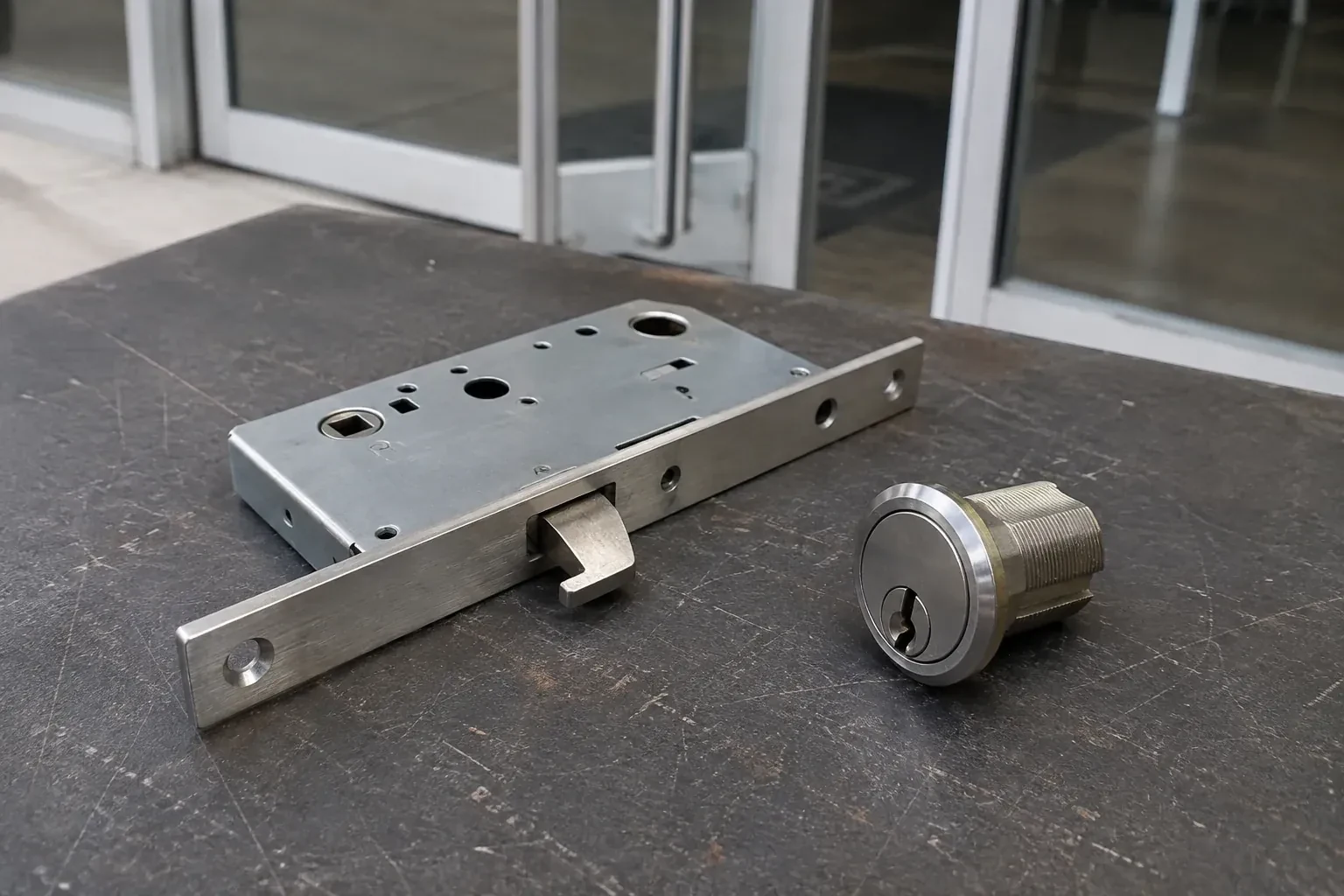 Detached mortise lock body with a projecting hook-shaped bolt beside a threaded cylinder. — Commercial-Grade Lock Replacement, Innisfil