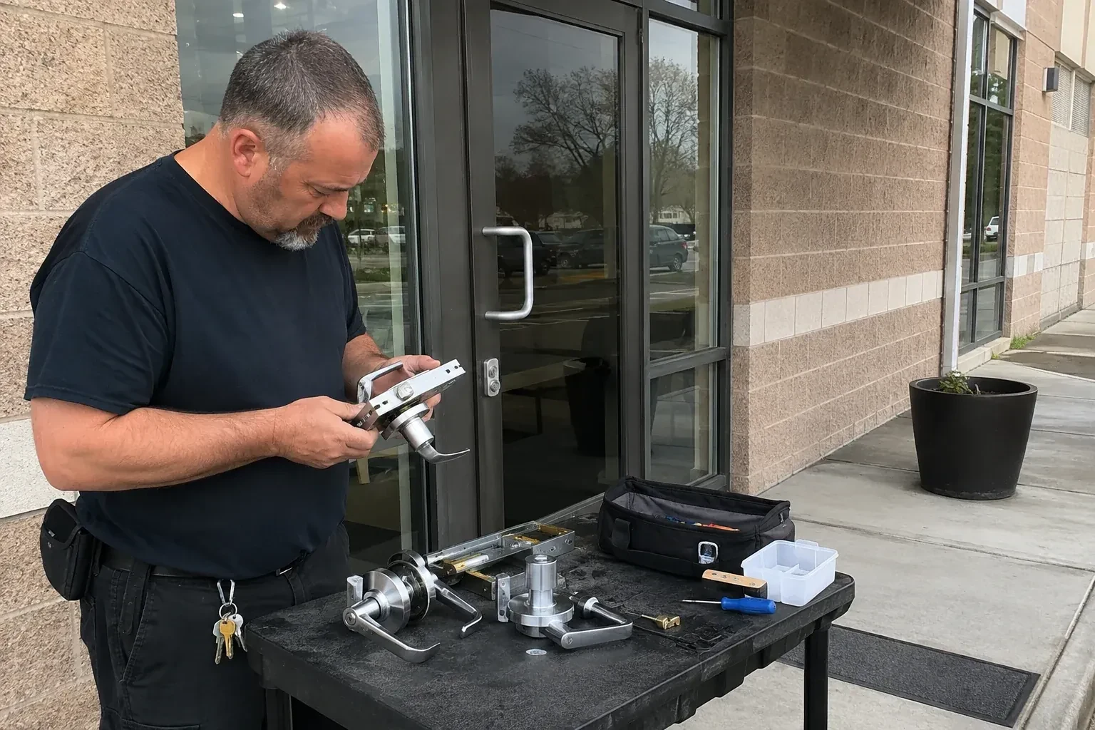 Person holding a door-handle and latch assembly at a worktable outside a glass entrance, with additional handles and tools laid out. — Commercial Rekeying, Innisfil
