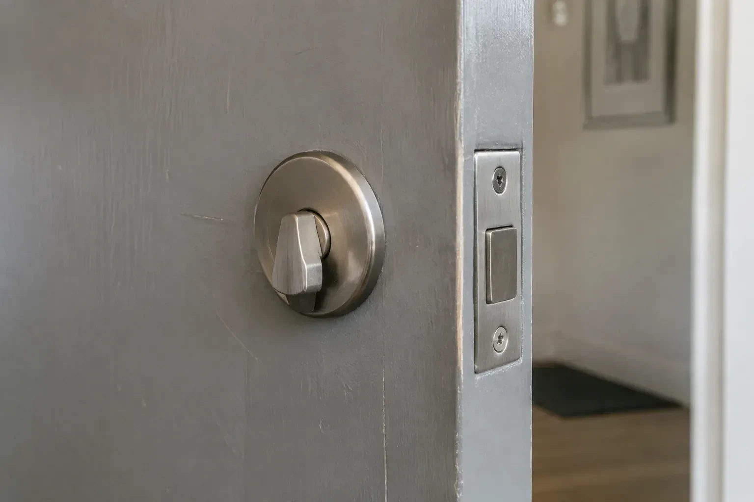 Close view of a satin-nickel deadbolt thumbturn and edge faceplate on a painted timber door. — Deadbolt Installation, Innisfil