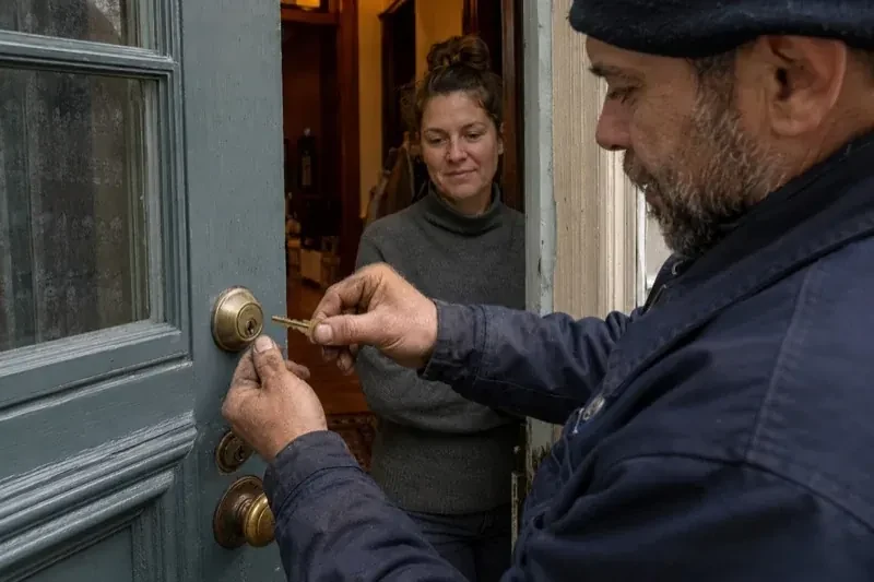 Person holding a key beside a brass-colored deadbolt on an open painted door while another person watches from inside. — Home Lockout Service, Innisfil