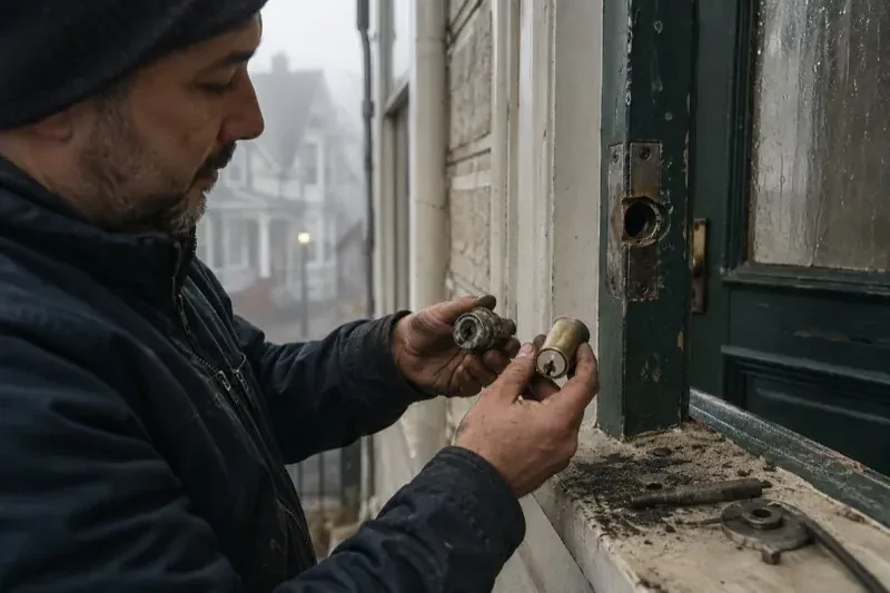 Person holding two lock cylinders beside an open painted door, with loose hardware and debris on the sill. — Seized & Jammed Lock Opening, Bear Point