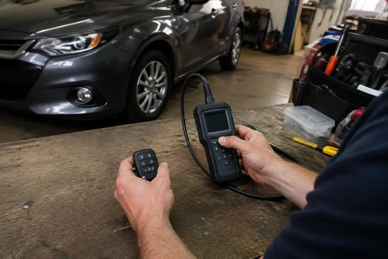 Hands holding a car-key fob and a small wired electronic device above a workbench in a garage with a parked car. — Key Fob Programming, Innisfil