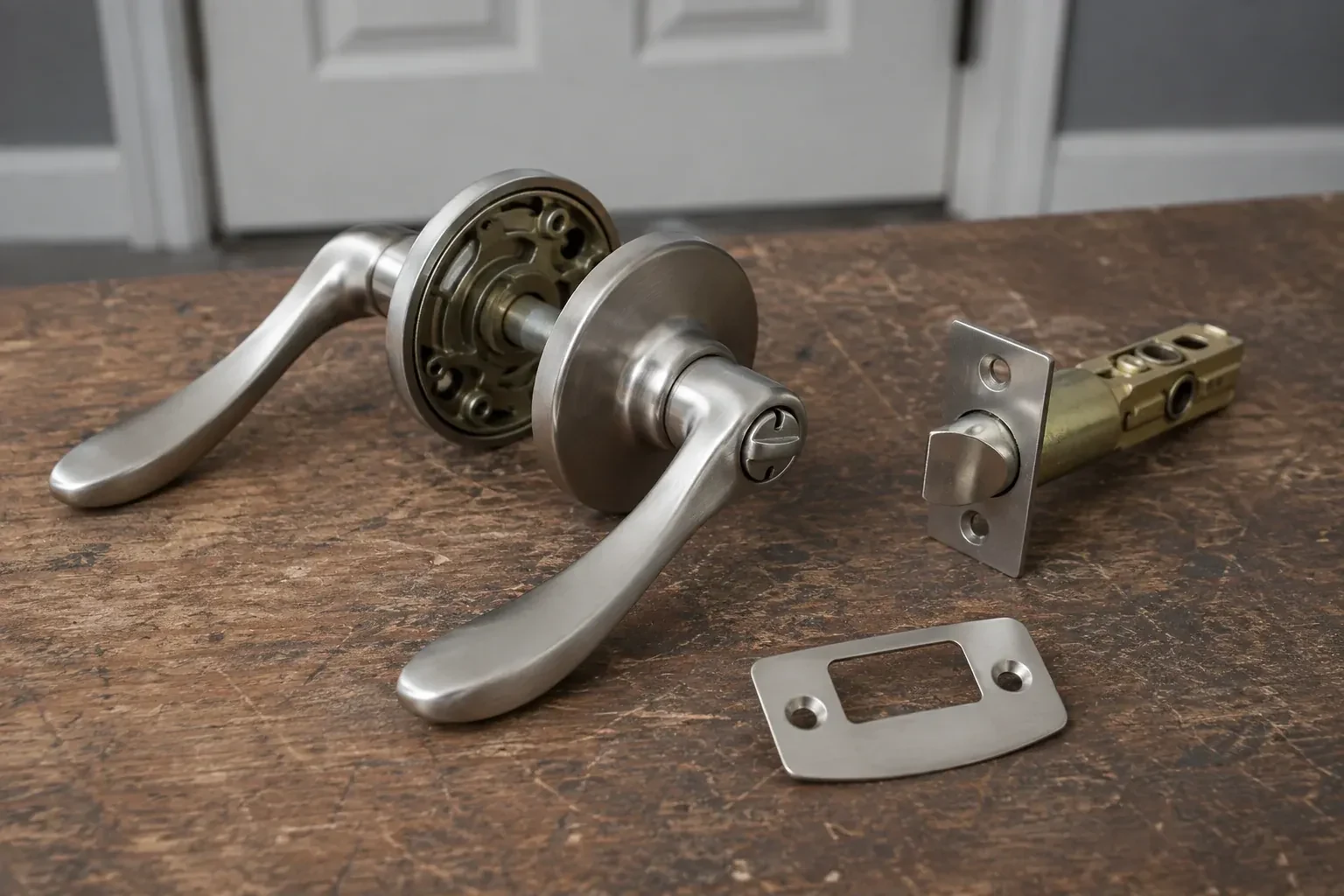 Detached satin-nickel lever hardware, tubular latch and strike plate on a wooden workbench. — Lock Replacement & Upgrade, Innisfil