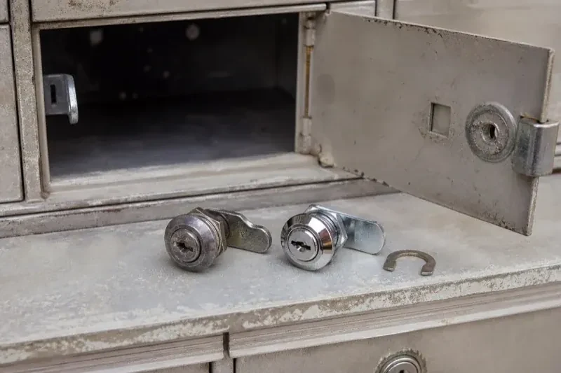 Two loose cam locks and a retaining clip resting below an open metal mailbox compartment. — Mailbox Lock Replacement, Bear Point