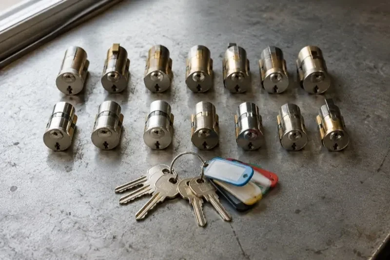 Two rows of lock cylinders on a metal surface with keys and colored key tags in front. — Master Key System Design, Innisfil