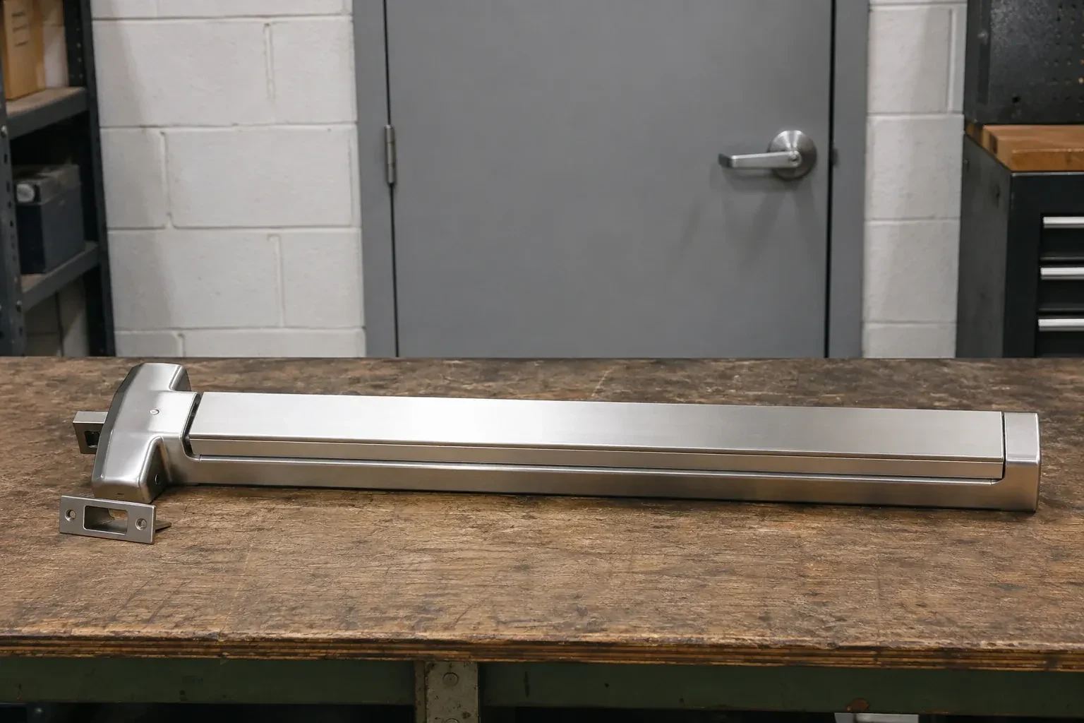 Detached horizontal exit device and separate strike component on a workshop bench. — Panic & Exit Hardware, Innisfil