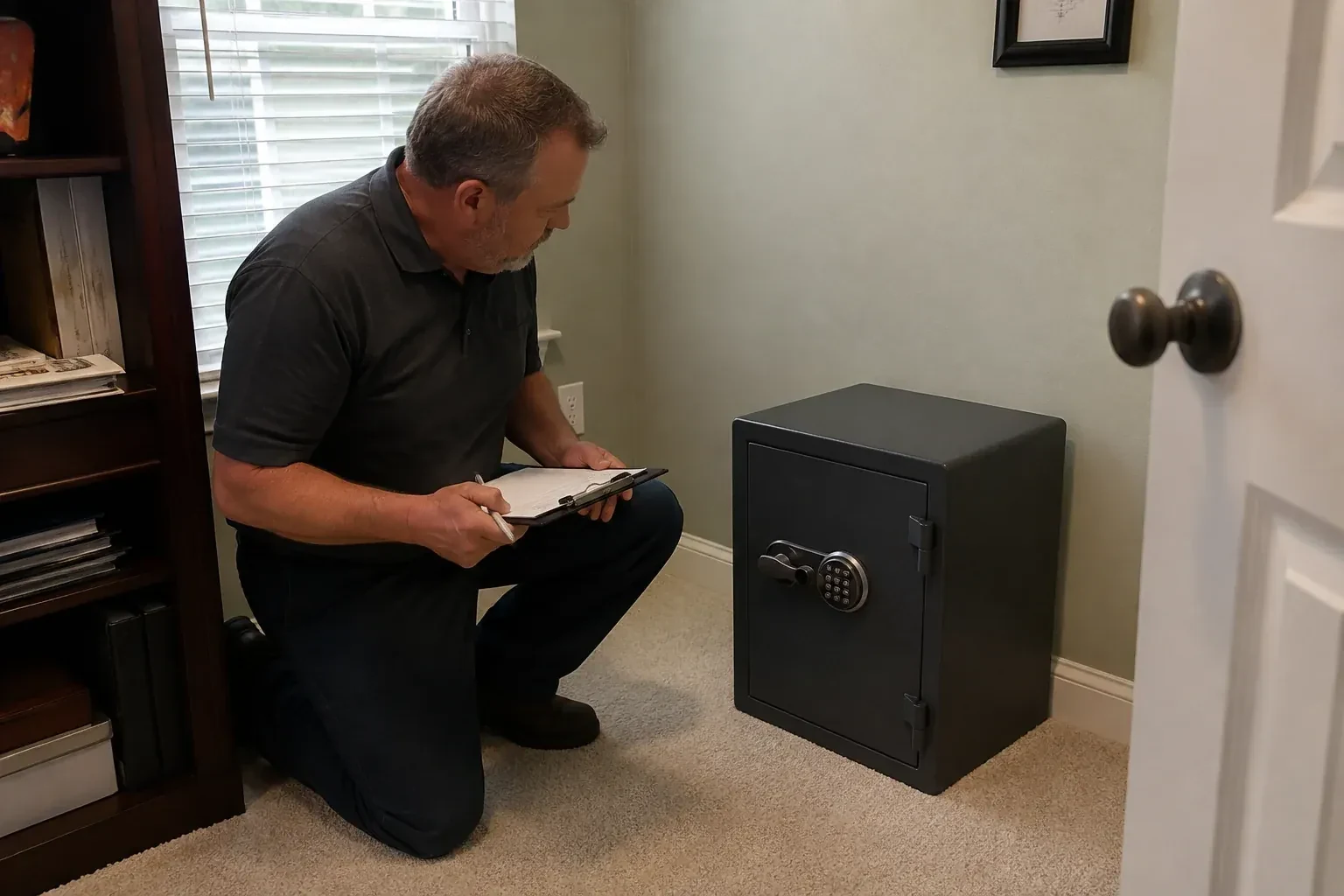 Person holding a clipboard beside a closed black safe with a circular keypad in a carpeted room. — Safe Installation & Servicing, Innisfil