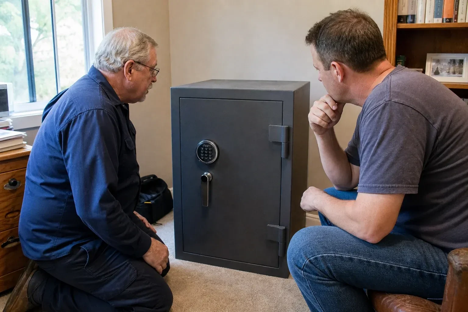 Two adults discussing a closed keypad safe in a home study. — Safe Opening & Combination Change, Innisfil