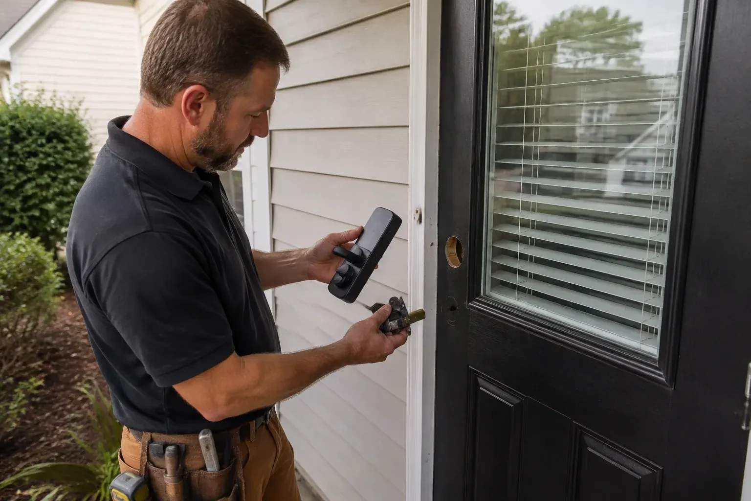 Person holding a black door-handle assembly and a latch beside a glazed door with exposed lock openings. — Smart Lock Installation, Innisfil