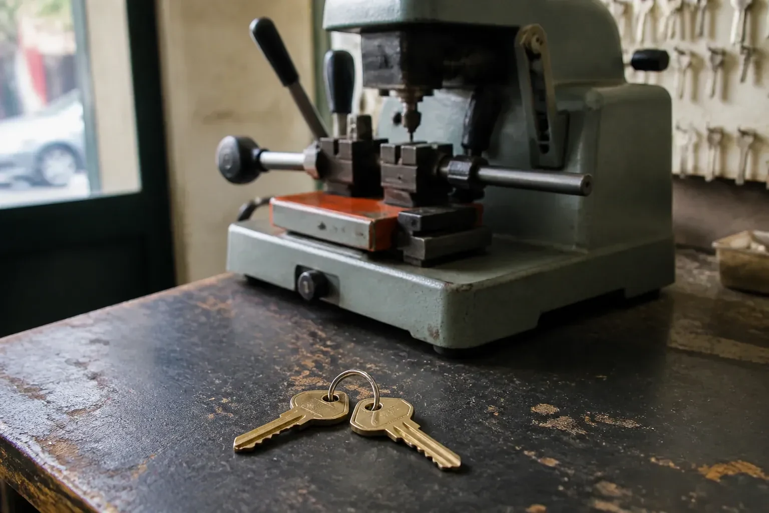 Two brass house keys on a ring resting on a workshop counter. — Spare Car Key Duplication, Innisfil