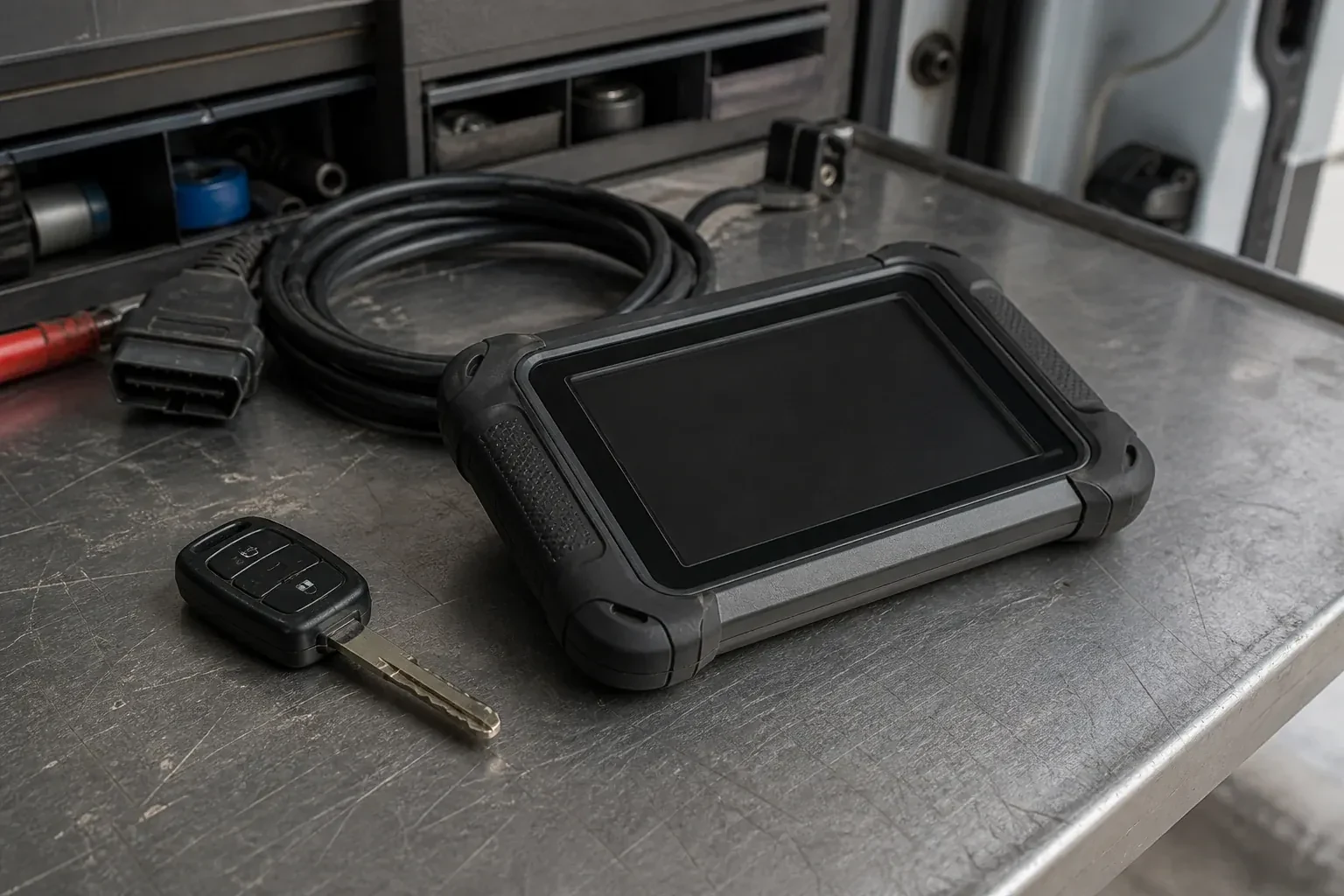 Vehicle key beside a dark diagnostic tablet and coiled connector cable on a workbench. — Transponder Key Programming, Innisfil