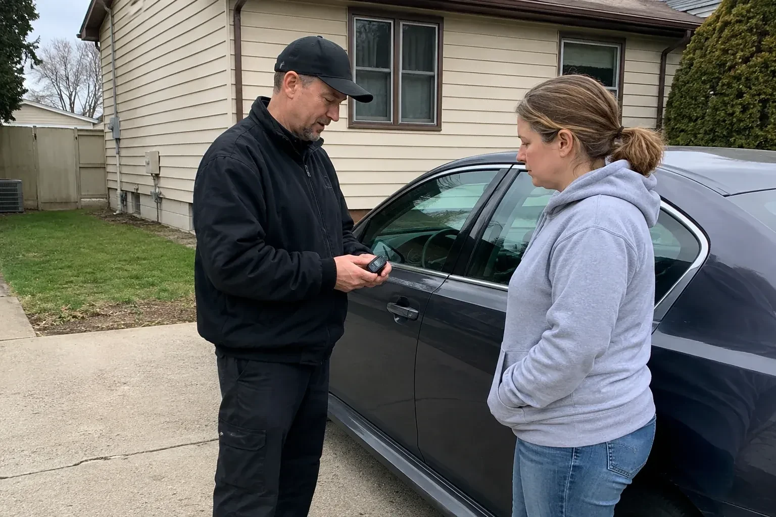 Two people standing beside a parked sedan, one wearing a cap and holding a small black device. — Vehicle Lock Repair, Innisfil